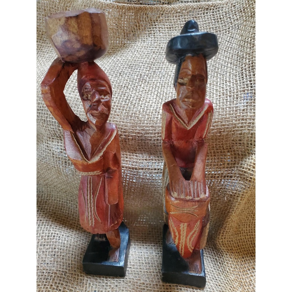 😎Pair Vintage Hand Carved Wood African‎ Tribal Folk Art Sculptures Man Woman